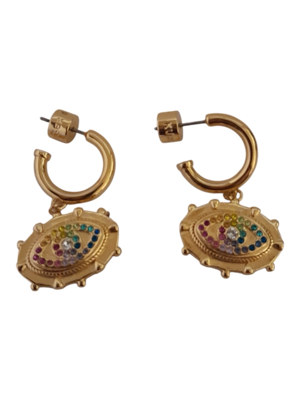 Kurt Geiger Evil Eye Rainbow Huggie Drop Earrings Gold Crystal Talisman Hoop - Picture 7 of 7